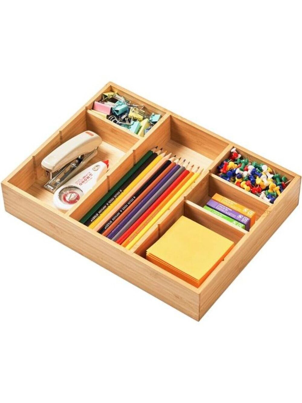 Bamboo Desk Drawer Organizer Adjustable Compartments Office Supplies Storage Tra